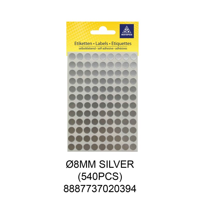 MAYSPIES MS008 COLOUR DOT LABEL / 5 SHEETS/PKT / 540PCS/ ROUND 8MM SILVER